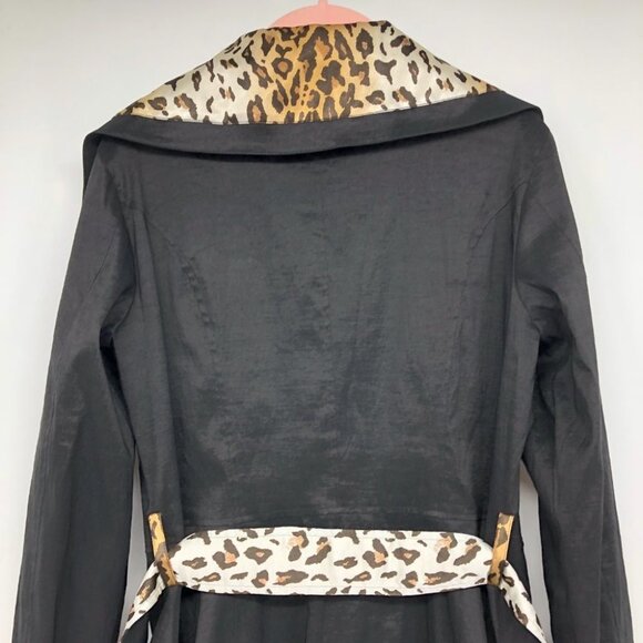 Bella Fare Black Cheetah Print Trim Lining retro slim fit Trench Coat size M - Picture 10 of 13